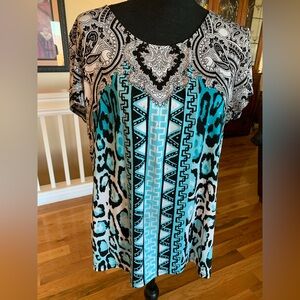 Peter Nygard Black and Turquoise Geometric Blouse